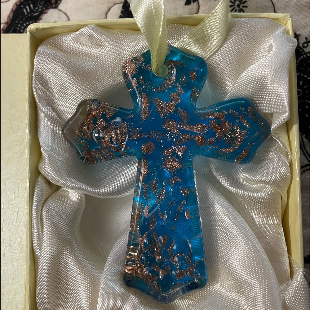 14- Turquoise glass cross ornament/party favor.